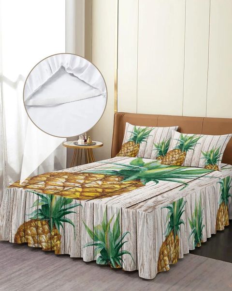 Saia de cama vintage grão de madeira frutas tropicais abacaxi colcha equipada com fronhas capa de colchão conjunto de cama folha