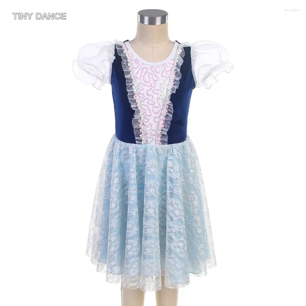 Palco desgaste manga curta puff vestido de balé para meninas e mulheres corpete de veludo azul comprimento romântico saias femininas trajes de bailarina