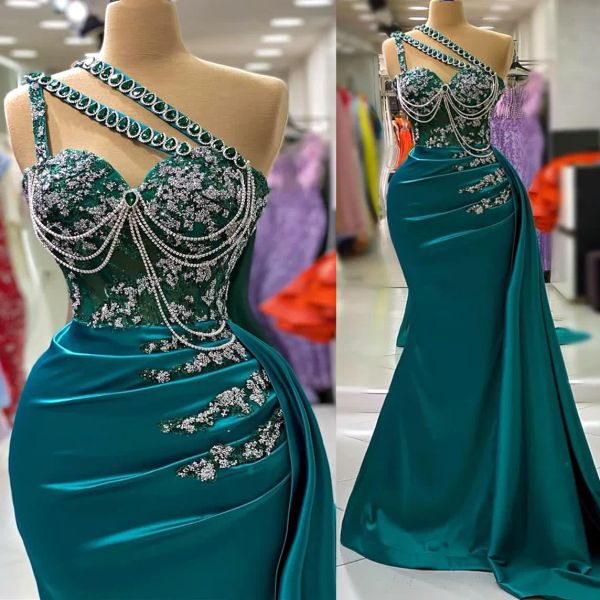 2024 Aso Ebi Árabe Hunter Verde Sereia Vestido de Baile Cristais Lace Noite Formal Festa Segunda Recepção Aniversário Vestidos de Noivado Vestidos Robe De Soiree