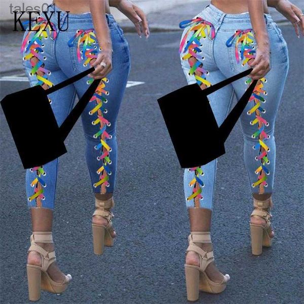 Frauen Jeans Jeans Regenbogen Farbkreuz-Cross-Spitzenlochscheide Elastizier Taille Langstift Denim Hosen Street Hosen 240304