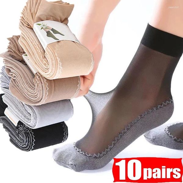 Meias femininas 1/10 pares de renda respirável malha elástica antiderrapante inferior emenda longa meia ultrafina seda veludo tornozelo curto sox