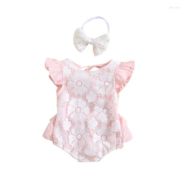 Macacão Pudcoco Infantil Nascido Bebê Meninas Romper Set Fly Manga Backless Flower Lace Patchwork com Bowknot Hairband