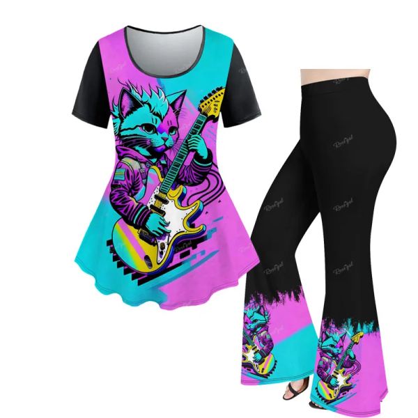 Ternos novas roupas femininas conjunto de correspondência colorblock gato guitarra impresso manga curta tshirt ou calças flare xs6x t calças em vendas