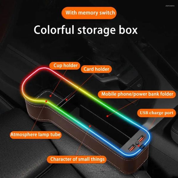 Scatola di immagazzinaggio per fessure per organizer per auto con 2 caricatori USB Portabicchieri per bottiglie di telefono con fessura per sedile a LED colorati