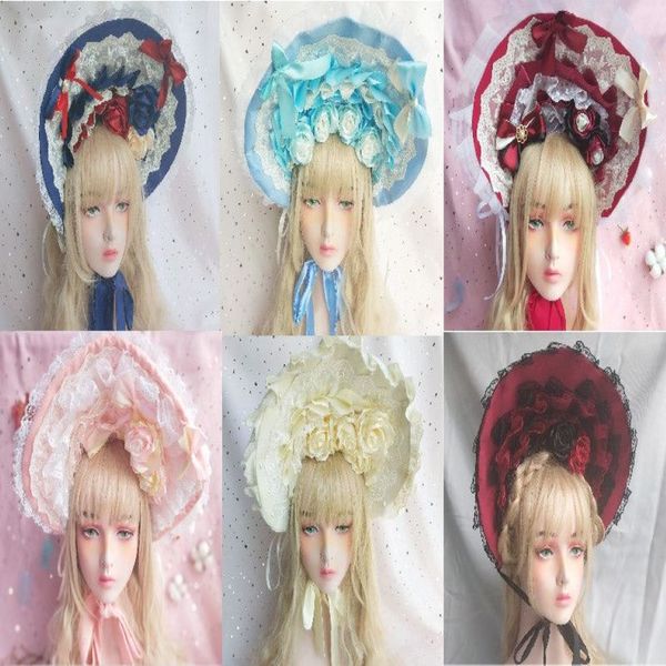 Vintage Prenses Tatlı Lolita Gül Bonnet Sapozları Muhteşem Gotik Top Şapka Şapkalı Kadın Dantel Viktorya Dönemi Teli Brim Bonn2436