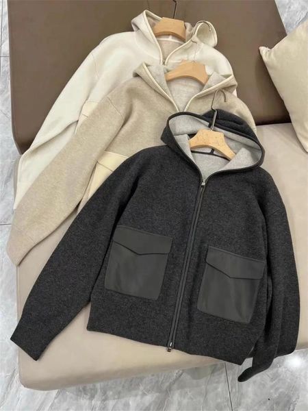 Женский трикотаж L/P, итальянский бренд 2024, роскошный дизайн, женские повседневные кашемировые кардиганы с капюшоном, теплый свитер, лоскутная вязаная куртка с карманами