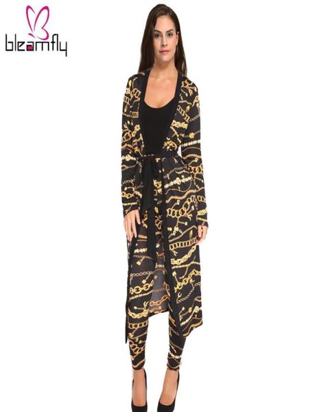 Herbst Frauen 2 stück Set Damen Tops lange Hosen Anzüge Mode Seide Strickjacke Weiblichen Kette print Bandage Lose Kleidung 20171984198