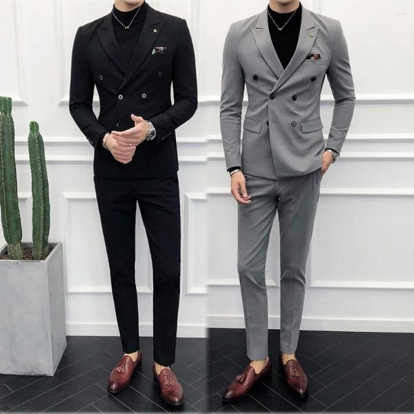 Erkekler takım elbise çift göğüslü zirveli yaka siyah bej gri 2 adet (blazer pantolon) düğün ince fit resmi iş 2024 ropa hombre