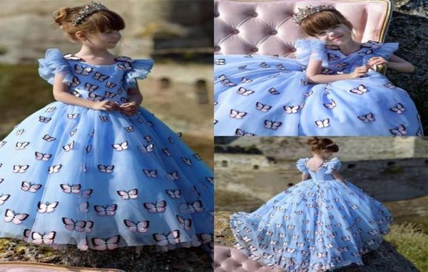 Bezaubernde Schmetterlings-Mädchen-Festzug-Kleider, hellhimmelblau, Prinzessin, High-Low-Blumenmädchenkleid für Hochzeit, maßgeschneidert, Baby-Geburtstag, Pa2156130