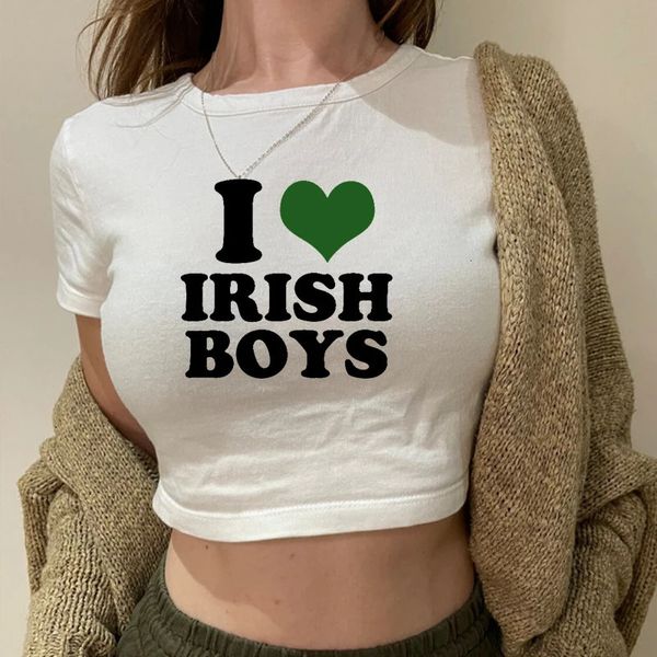 Eu amo meninos irlandeses hip hop gráfico mulheres cortadas tops harajuku kawaii roupas 2000s y2k bebê camiseta moda feminina top colheita 240219