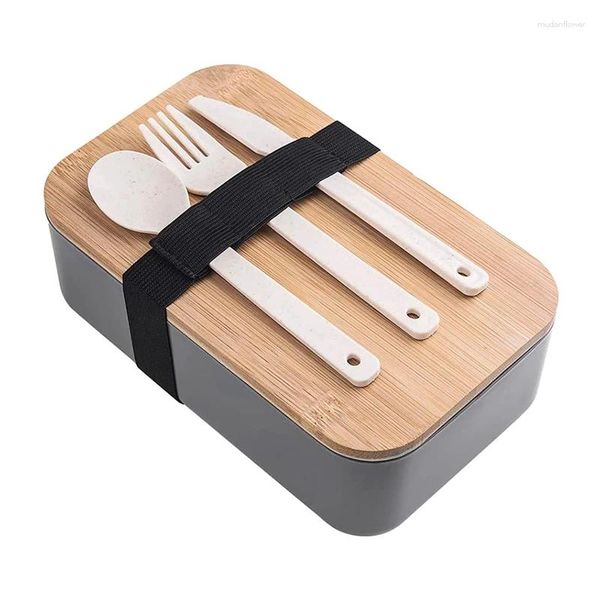 Geschirr-Sets, Lunch-Bento-Box mit Bambusdeckel für Erwachsene/Kinder, auslaufsicherer Behälter, inklusive Besteck, spülmaschinenfest