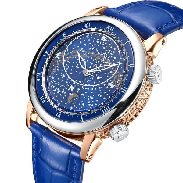 Relógios de pulso relógio automático para homens mecânico rosa ouro pulseira de couro luxo esculpido girando céu estrelado luminoso reloj hombre barato
