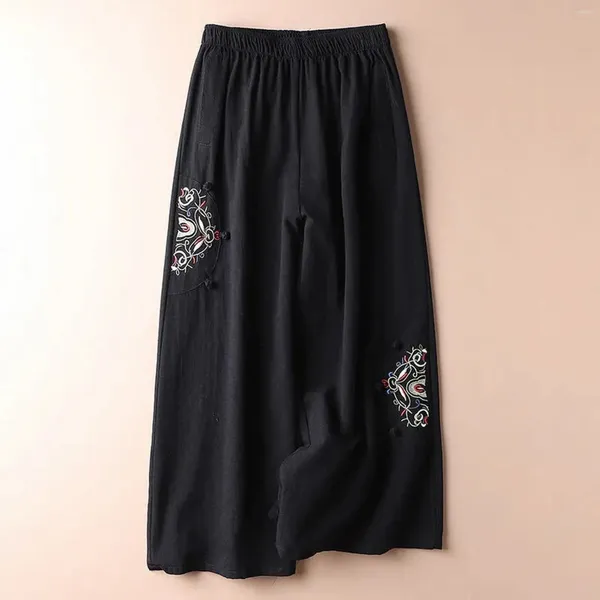 Calças femininas mulheres verão vintage retro bordado impressão solta baggy calça mistura de linho perna larga elástica cintura alta palazzo calças