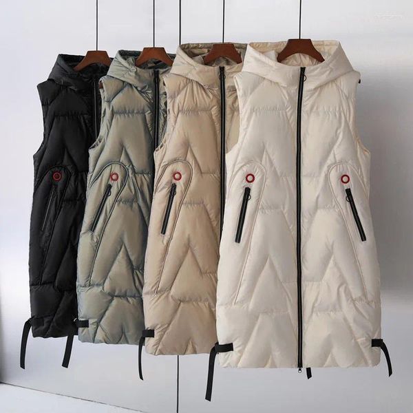 Coletes femininas colete mulheres inverno longo colete sólido com capuz bolsos zíper acolchoado senhoras casual sem mangas jaqueta quente acolchoado para fêmea