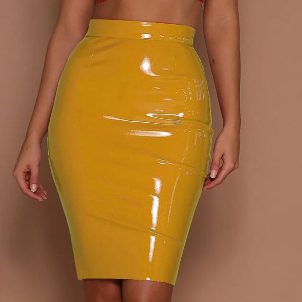 Saia feminina couro pu bodycon saia gótica preta molhada look vermelho amarelo midi saia cintura alta senhoras sexy skinny lápis mini saia