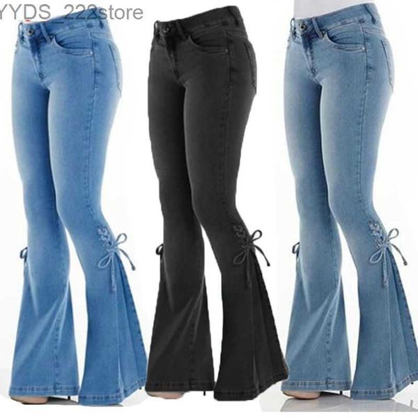 Jeans Plus Size Jeans Slim Stretchy Denim Cintura Jean Oversized Long Flare Light Blue Wide Leg Calças 240304