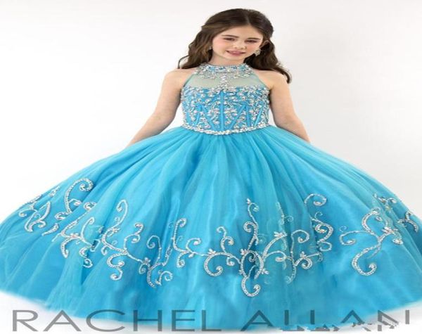 RACHEL ALLAN Mädchen-Festzug-Kleider, transparent, hoher Ausschnitt, Tüll, blaue Strasssteine, Kristallperlen, glitzerndes Ballkleid, lange Blumenmädchen-Kleider, HY03654624