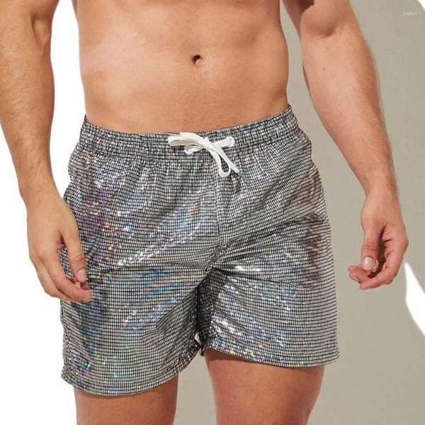 Pantaloncini da uomo da palestra con coulisse vita elastica paillettes tinta unita traspirante asciugatura rapida fitness jogging esercizio abbigliamento sportivo da spiaggia