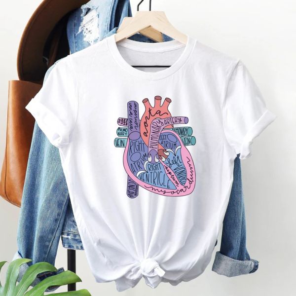 T-Shirts Renkli Anatomik Kalp Tshirt Camiseta Sassy Kadın Grafik Anatomi Tshirt Üst Komik Kardiyak Hemşire Hediye Gömlek