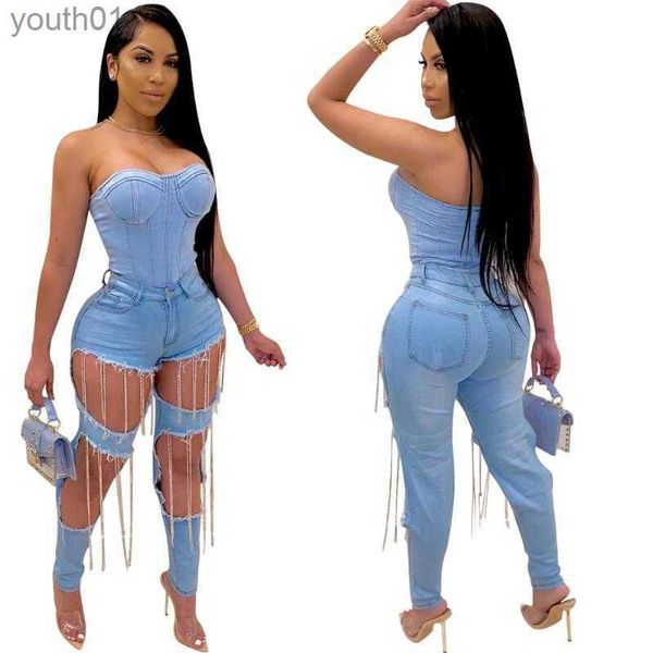 Jeans da donna Bottoni da donna Jeans a vita alta con buco rotto Pantaloni lunghi stile hip hop 240304
