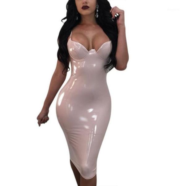 Nuove donne ecopelle abito in pvc V Nck sexy moda sottile lattice nero bianco rosa rosso abito da festa lungo taglie forti M4XL11663502