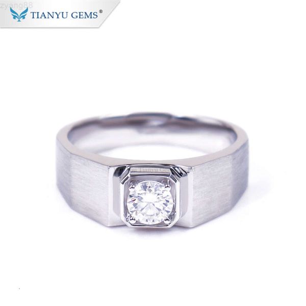 Tianyu Gems Simples 14k Ouro Branco Moissanite Anel Banda Anéis de Diamantes de Casamento para Homens