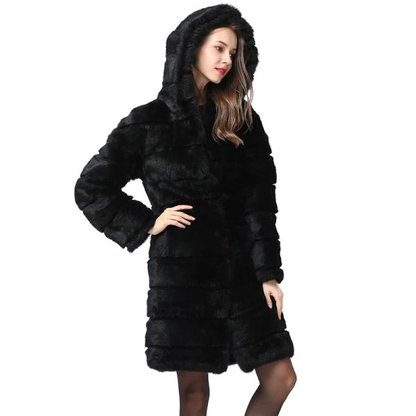 Pelz Echter Kaninchenfellmantel mit Kapuze Sale Neuer langer Stil Winter Damen Naturleder Luxus Schwarz Dicke warme Ganzhaut Pelzjacke