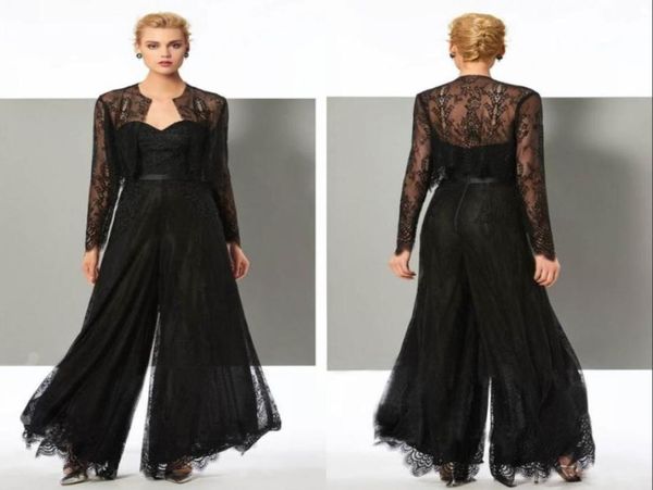 Elegante tuta in pizzo nero per la madre della sposa, tailleur pantalone collo a cuore con giacche taglie forti, matrimonio, sposo, sera, Go4557529