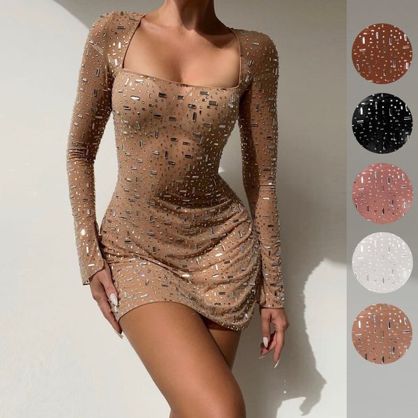 Abiti casual di base Colletto aderente quadrato sexy Paillettes a taglio basso Mini Dres Maglia a maniche lunghe See Through Glitter Party Vestido Abiti a maniche lunghe semitrasparenti