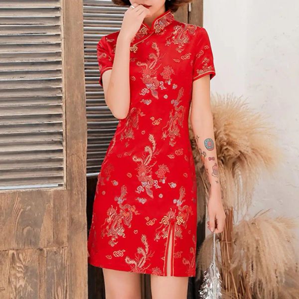 Saia de malha dragão novidade cetim vestido chinês feminino vermelho clássico gola mandarim curto cheongsam vestido qipao festa à noite