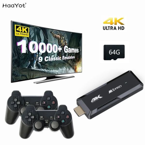 Consoles Console de jogos retrô sem fio Plug and Play Video Game Stick integrado em mais de 10.000 jogos 9 emuladores clássicos TV 4K com controladores duplos