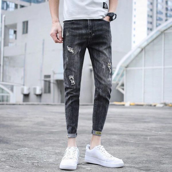 Herren-Jeans für Männer, Stretch, schmale Passform, männliche Cowboy-Hose, zerrissene Hosen mit Löchern, enges Rohr, elastisch, zerrissen, gebrochen, hellblau, dünn, XS