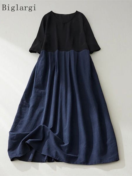 Kleider plus Größe Sommer langes Kleid Frauen Baumwolle Leinen lässige Modefarbe Block Damen Kleider Loose Woman Kleid 2023