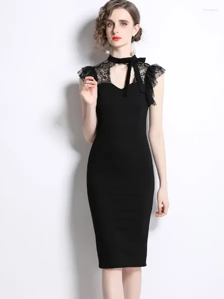 Lässige Kleider Sexy schwarze Spitze Spleißen Bleistiftkleid Frauen Design O-Ausschnitt ausgehöhlt ärmellos Vintage Slim Mantel Party Sommer