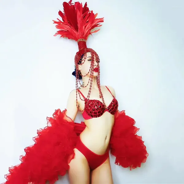 Bühnenkleidung Sexy Club Party Kostüm Rot Weiß Feder Perlen Kopfbedeckung Strass Bikini Nachtclub Bar Tänzerin Festival Performance