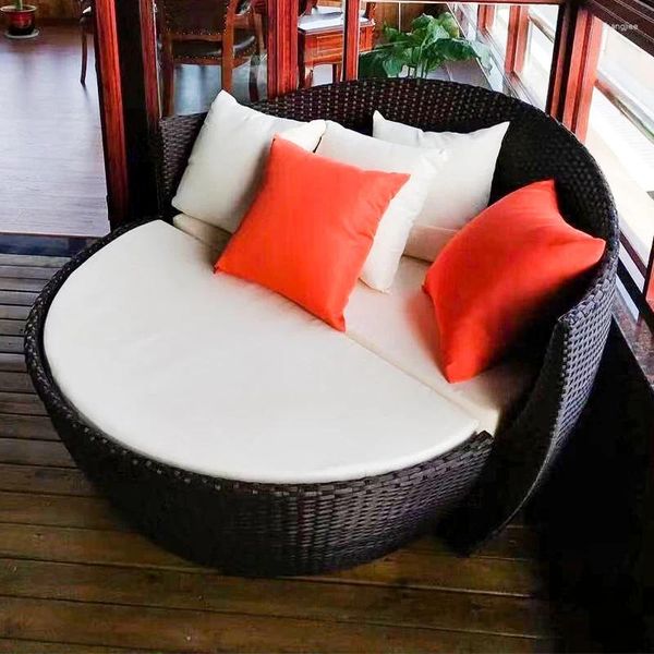 Mobília de acampamento ao ar livre cadeira de rattan combinação de mesa de varanda e sofá de lazer lounge cama redonda jardim terraço pátio