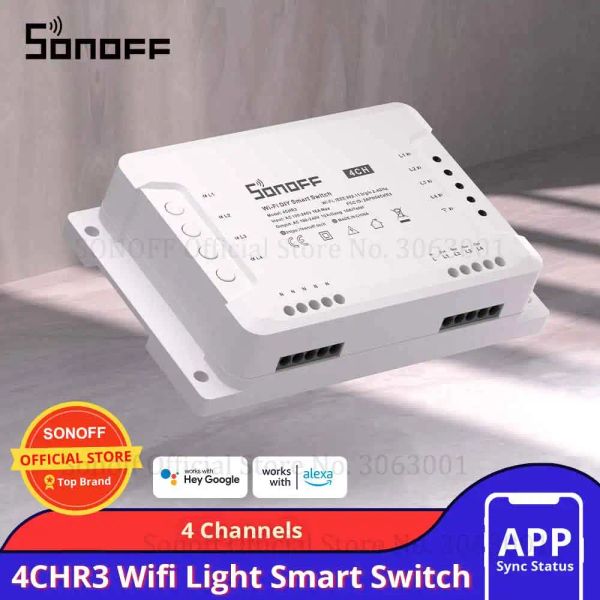Control Sonoff 4CHR3 4 Gang WiFi Light Smart Switch, 4 Kanal Elektronik Anahtar iOS Android Uygulama Kontrolü, Alexa Google Home ile Çalışıyor