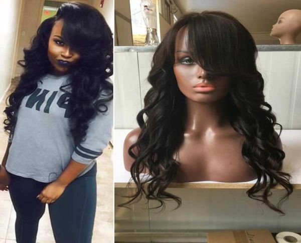 Brezilyalı tam dantel peruk insan saçları Siyah kadınlar için yan patlamalar ile parlak dantel ön peruk4784651