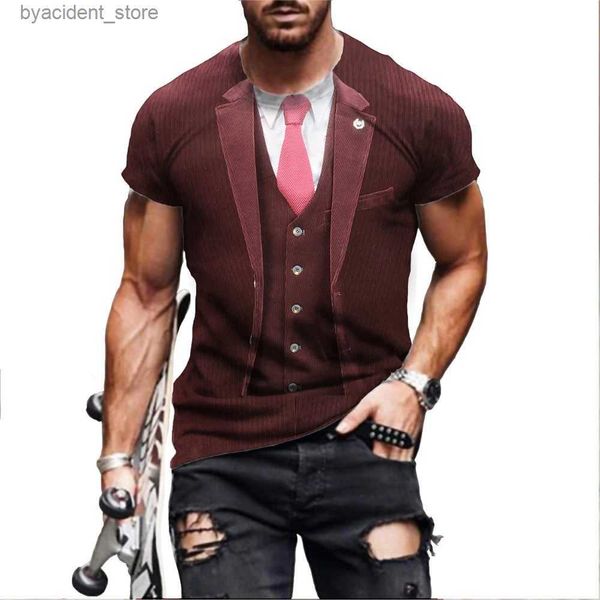 Erkek Tişörtler Erkek Smokin ve Bow Tie 3D Baskılı T-Shirt, Sahte Takımlı Moda Sokak Giysileri ile Komik Kısa Kollu Gömlek 2023 L240304