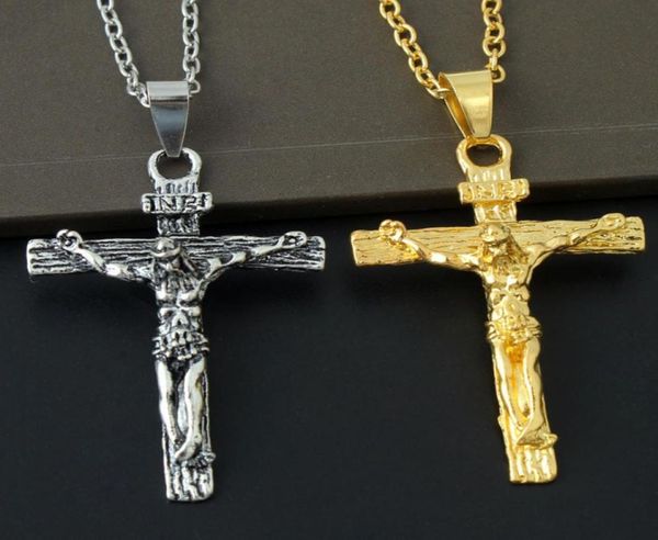 Collana con croce Crocifisso Gesù Ciondolo pezzo color oro Acciaio inossidabile Catena da uomo Gioielli cattolici Regali di Natale6452620
