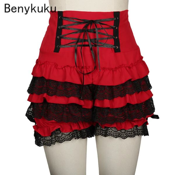 Şort artı boyut 3xl kırmızı siyah şort kadınlar gotik steampunk lolita fırfır dantel kabak bloomers kadın pamuk yüksek bel şort