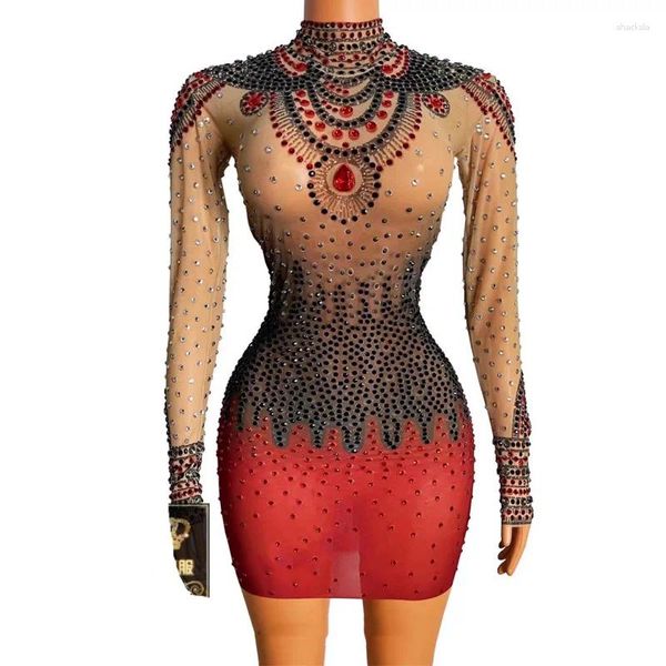 Bühnenkleidung Pole Dance Kleid Langarm Voller Strass Nachtclub DJ Performance Kostüme Festival Rave Outfits DWY6866