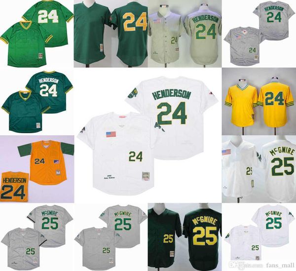 Vintage College Mitchell e Ness Baseball Rickey 24 Henderson Jerseys Costurados Mark 25 Mcgwire 1989 Cinza Branco 1981 Amarelo Verde5472198