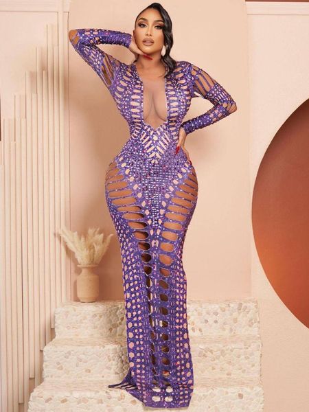 Casual Kleider Aushöhlen Diamanten Maxi Abendkleid Party Kleid Frauen Sexy V-ausschnitt Langarm Zurück Split Bodycon Robe Clubwear