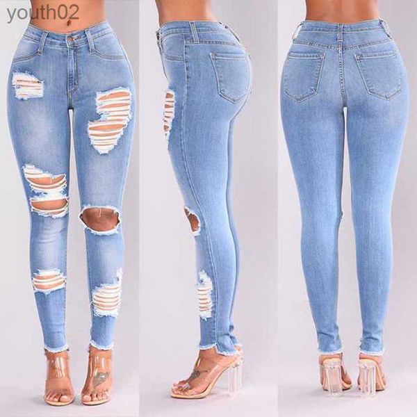 Jeans femininos celebridade estrangeira magro ajuste com buracos exportação borlas pé boca calças comércio on-line 240304