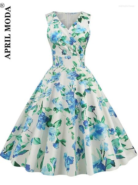 Vestidos casuais sem mangas flor impressão curto vestido de baile retro vintage 50s 60s vestido de verão elegante uma linha pista noite rockabilly flare