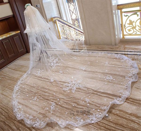 Eleganti due strati lunghi veli da sposa da cattedrale con applicazioni floreali in pizzo morbido tulle uno strato ampio velo da sposa con pettine5403407