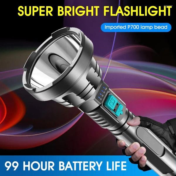 Lanternas portáteis Super Brilhante Lanterna Grande Luz Forte LED USB Recarregável Caça Tática Bateria Embutida Flash