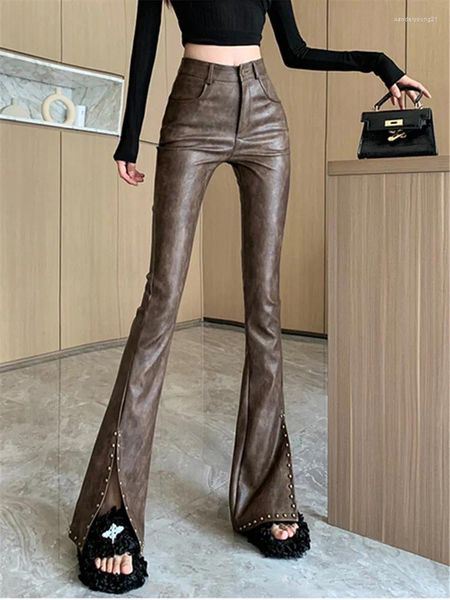 Pantaloni da donna Maillard Marrone a vita alta in pelle Pu da donna Autunno e inverno 2024 Versatile allentato Moda casual Lavaggio