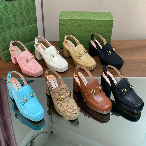 Klassische Designerinnen Frauen Horsebit Maultier Frauen Frühling und Herbst-Kleiderschuhe Heels Chunky Vintage Square Toe Mule High-End-Leder-Party Schuhe Größe 35-42